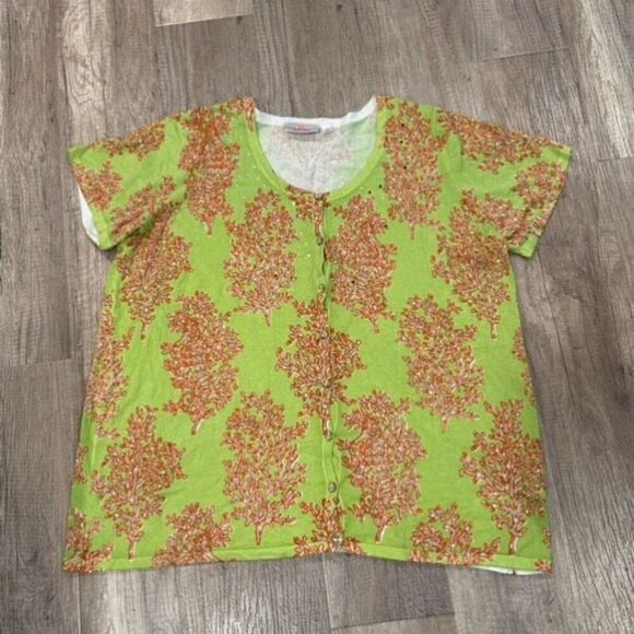 Quacker Factory Rhinestones Button Front Short Sleeve‎ Cardigan Green Orange 1X - Picture 11 of 11